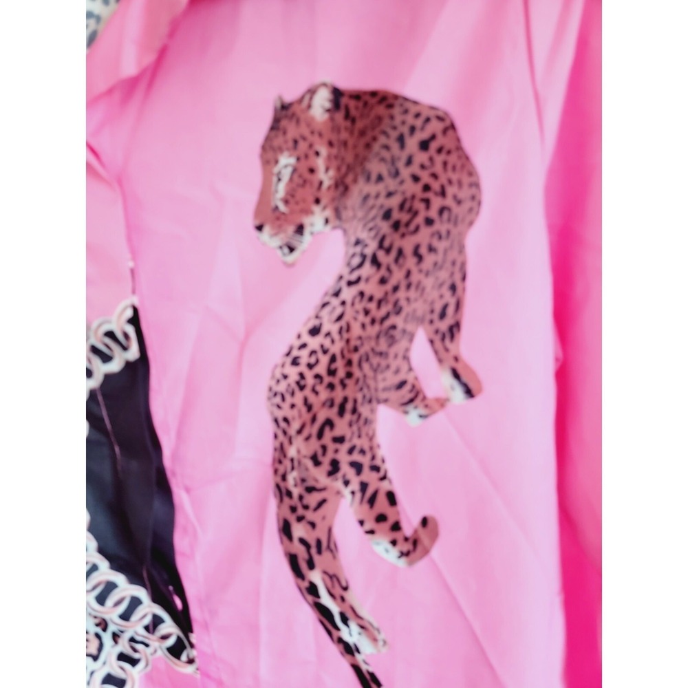 ChicMe L Pink Leopard Chain Print Long Sleeve Button Down Blouse Whimsical Cute - Picture 8 of 13